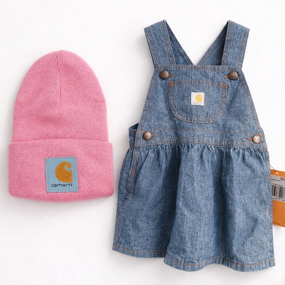Carhartt Baby Girl Bundle | Pink Knit Beanie + Denim Jumper Dress | 18M | NWT